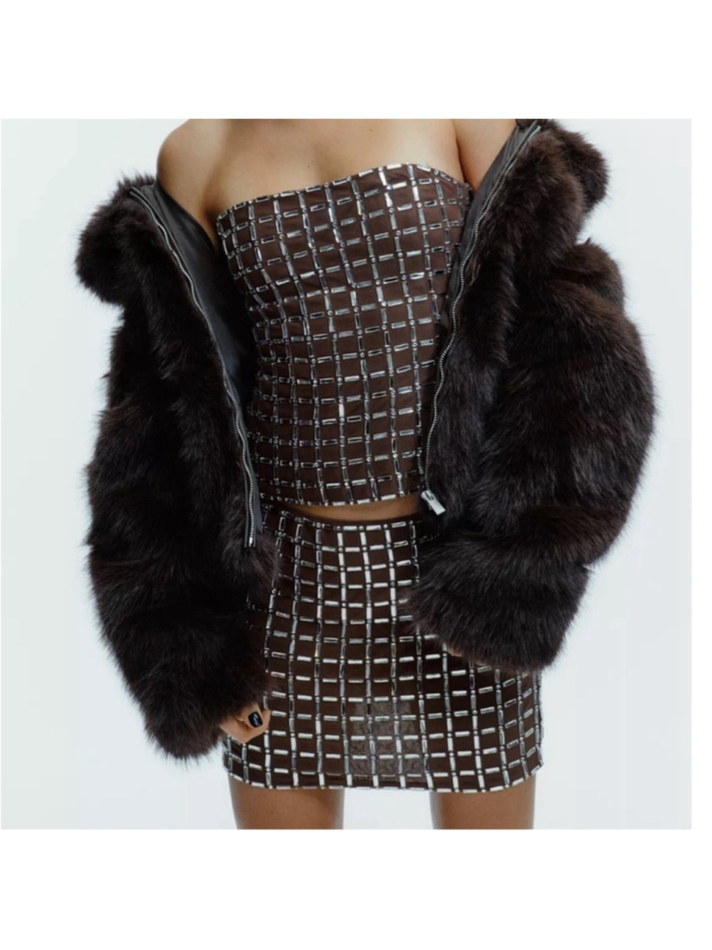 Zara Brown Sparkly Mini Skirt part of Coord Matching Skirt Set L NWT